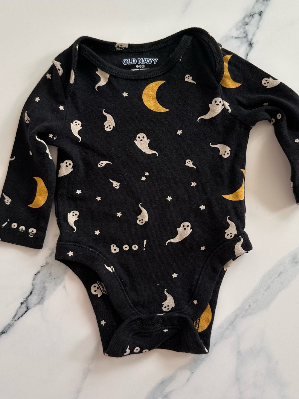 Old Navy Halloween Black Ghost & Moon Long-Sleeve One-Piece Size 0-3 Months